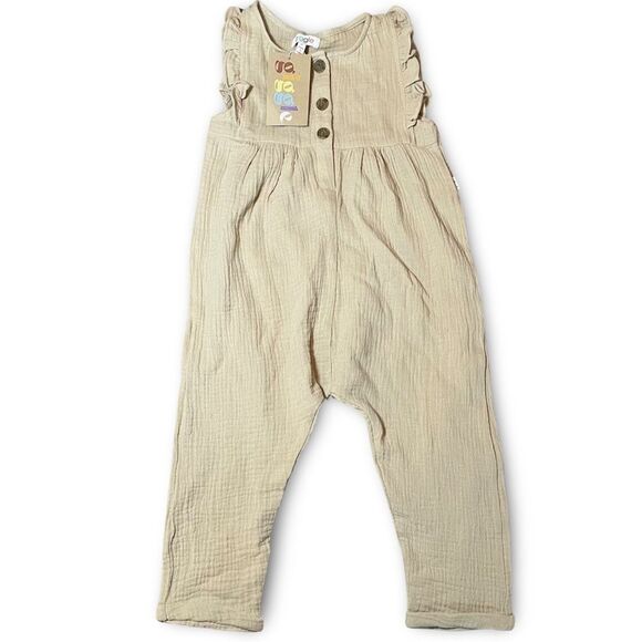 Giggle cotton muslin ruffle jumpsuit beige 3T neutral toddler onesie New - Picture 7 of 11